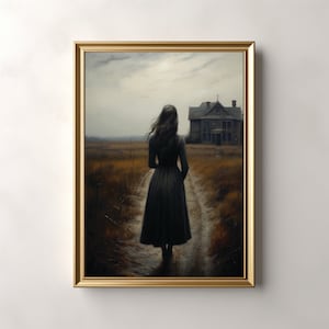 Mysterious Woman and Haunted House Print | Vintage | Gothic Artwork | Dark Academia Wall Art | Moody Landscape | Victorian Mystery | Muted