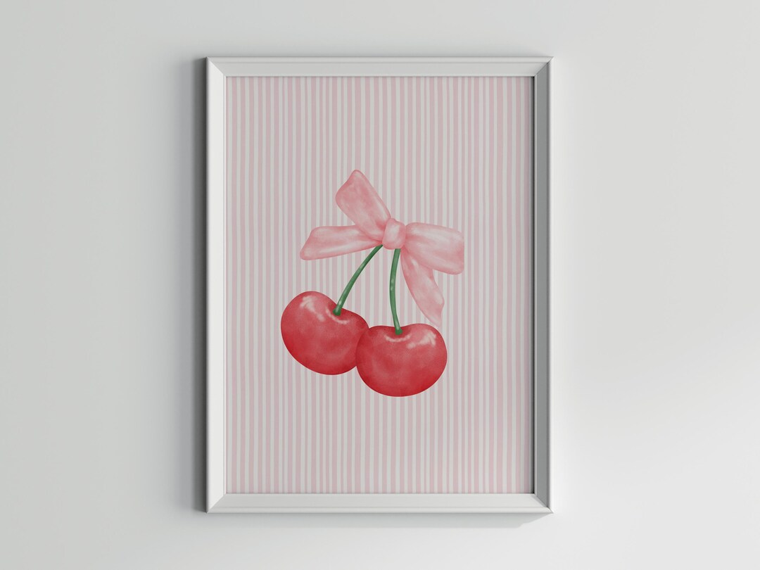 Cherry With Pink Bow Print, Cute Coquette Wall Art, Girly Nursery Decor ...