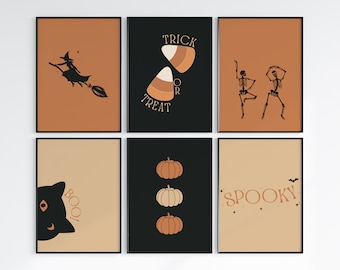 May include: Set of six Halloween-themed printable wall art prints. The prints feature a witch flying on a broomstick, skeletons dancing, pumpkins, a black cat, and the text "Trick or Treat" and "Spooky".