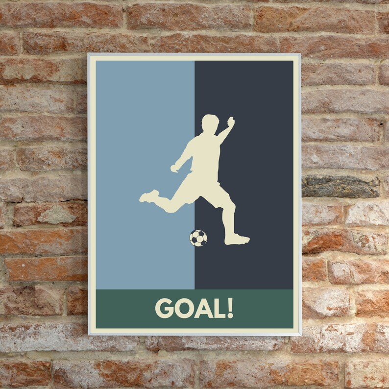 May include: A blue and black poster with a silhouette of a soccer player kicking a ball. The poster has the word "GOAL!" printed in white on a green background.