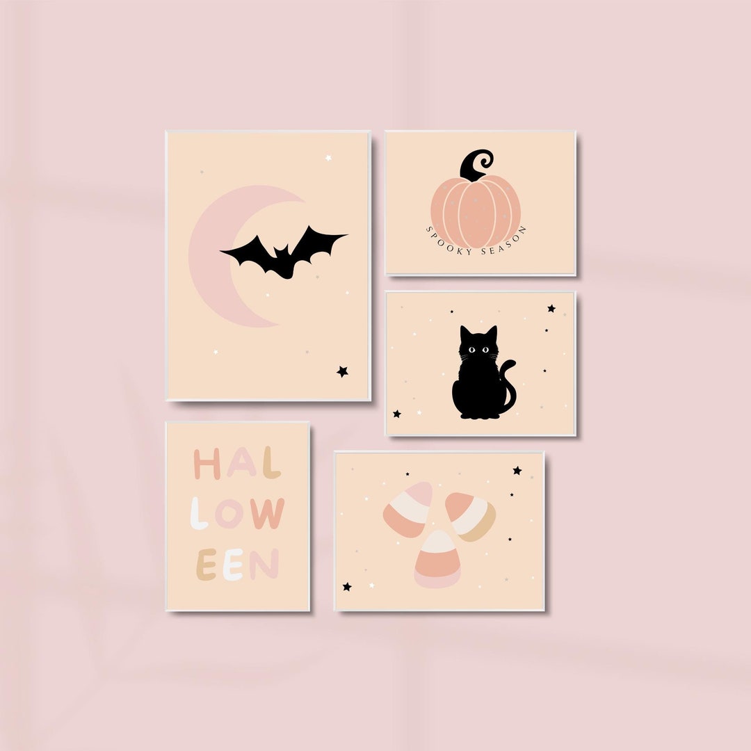 Set of 5 Halloween Prints, Pastel Halloween Wall Art, Spooky Season ...