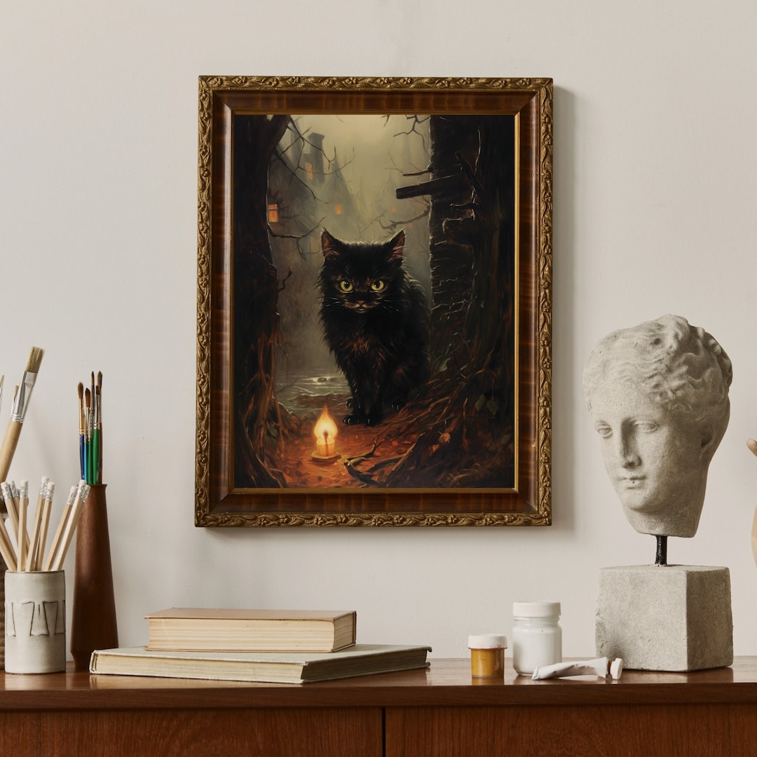Vintage Halloween Black Cat Print| Gothic Halloween Wall Art | Dark ...