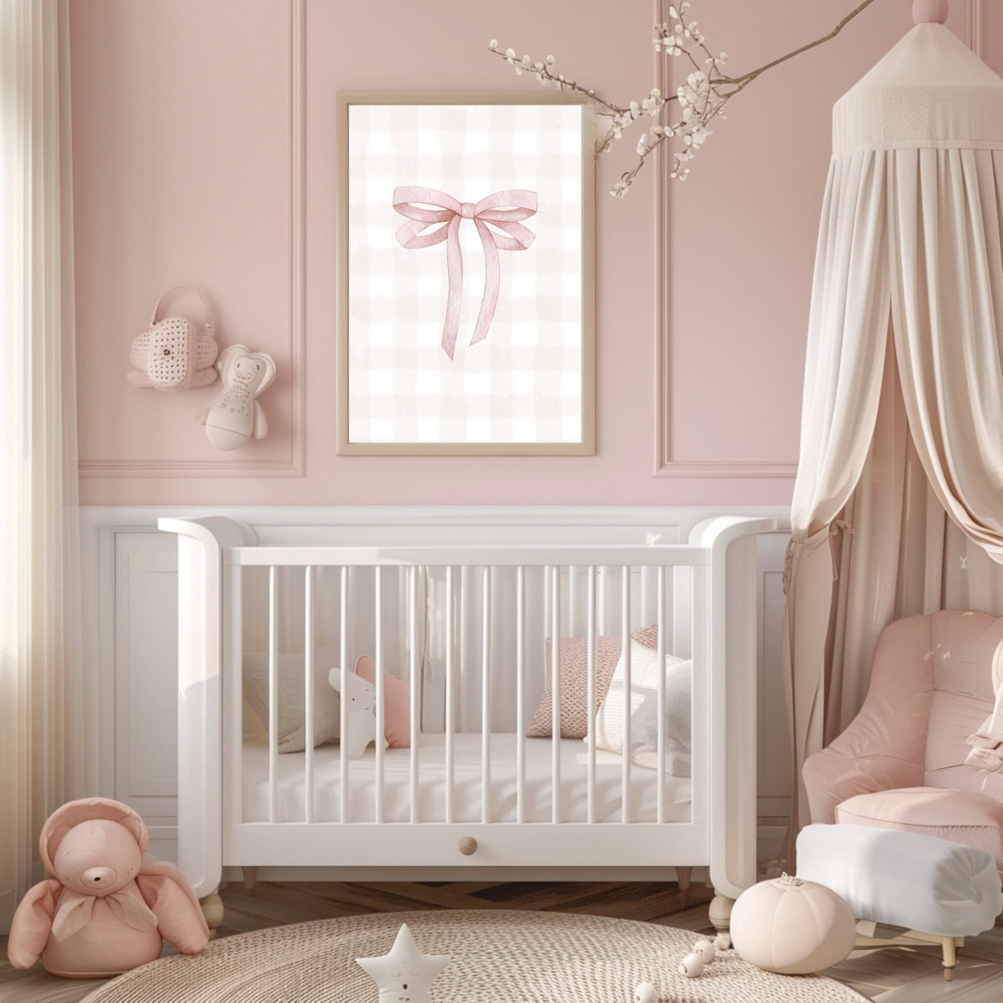 Pink Bow Nursery Wall Art | Watercolor Gingham Background | Soft Muted ...