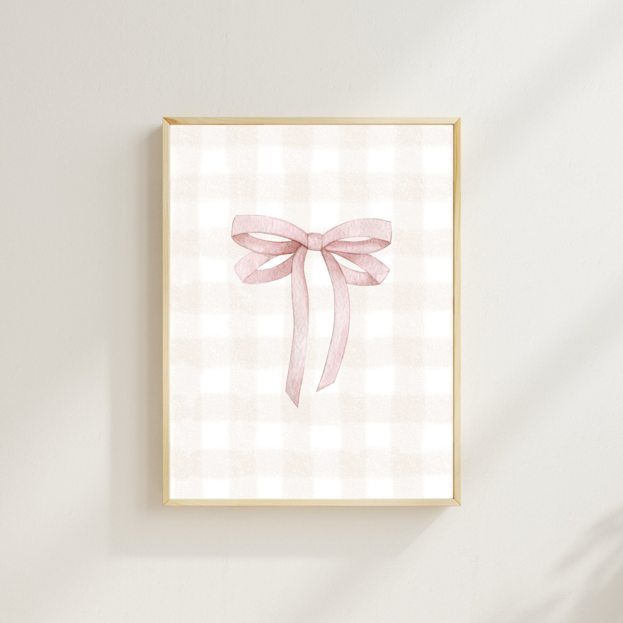 Pink Bow Nursery Wall Art | Watercolor Gingham Background | Soft Muted ...