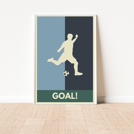 Retro Soccer Goal Print | Retro Style Sports Wall Art | Boys Room Décor | Football Poster | Kids Room Art  | Teen  | Blue Green | Silhouette