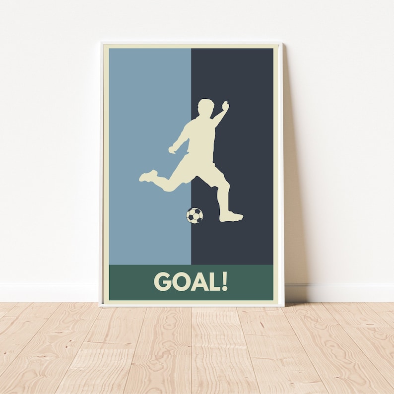 May include: A blue and black poster with a silhouette of a soccer player kicking a ball. The poster has the word "GOAL!" printed in green at the bottom.