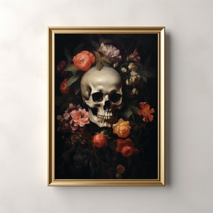 Vintage Halloween | Gothic Skull Floral Digital Print | Dark Flowers Artwork | Memento Mori Wall Art | Romantic Home Decor | Vanitas Style