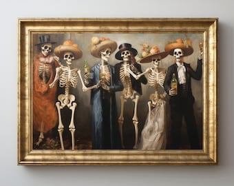 Halloween Skeletons Party Print | Vintage Style | Gothic Home Decor | Dia de los Muertos Celebration | Quirky Wall Art | Moody Tones |