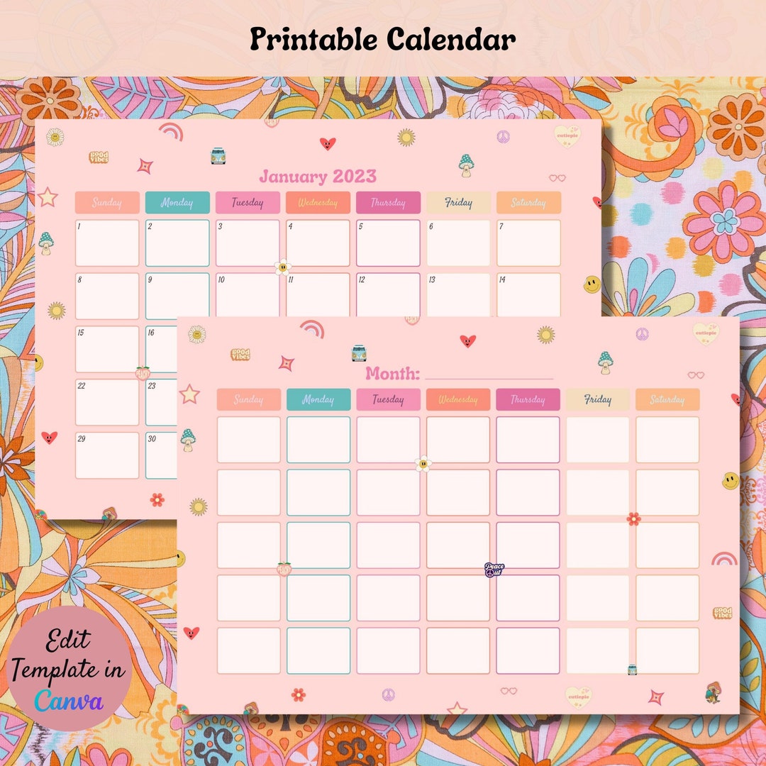 Cute Pink Calendar Printable Calendar Canva Calendar Etsy Australia