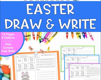 Easter Drawing and Writing Prompts for Kids – Printable Cursive & Print Handwriting Practice with Picture Prompts - US and UK / AUS English