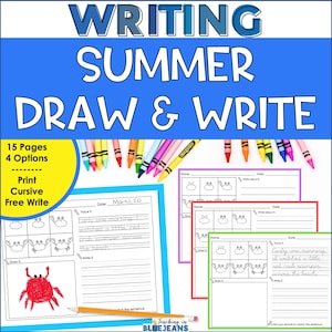 Puede incluir: Una colorida hoja de trabajo educativa titulada "WRITING SUMMER DRAW & WRITE" con opciones de impresión, cursiva y escritura libre. La hoja de trabajo incluye ilustraciones de cangrejos, indicaciones de escritura y espacio para dibujar. También se ven crayones y un lápiz.