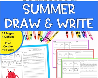 Może przedstawiać: Kolorowy arkusz edukacyjny zatytułowany "WRITING SUMMER DRAW & WRITE" z opcjami drukowania, kursywy i swobodnego pisania. Arkusz zawiera ilustracje krabów, polecenia pisania i miejsce do rysowania. Widoczne są również kredki i ołówek.