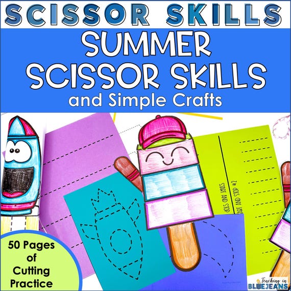 Summer Scissor Skills Worksheets and Easy Crafts for Kids – Printable Cutting Practice Preschool Kindergarten 1st Grade or Ages 3 - 7