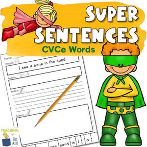 Puede incluir: Una colorida hoja de trabajo educativa con el texto "SUPER SENTENCES CVCe Words" y un lápiz. La hoja de trabajo incluye ejercicios para completar y una sección de dibujo. Se presentan superhéroes de dibujos animados.