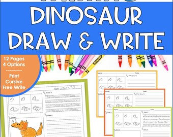 Dinosaur Directed Drawing and Writing Prompts for Kids – Print & Cursive Handwriting Practice Worksheets