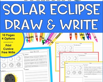 Solar Eclipse Drawing and Writing Activity for Kids – Print and Cursive Handwriting Practice with Picture Prompts