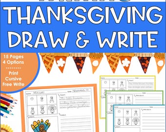 Thanksgiving Draw and Write Pages for Kids – Directed Drawing, Cursive & Print Handwriting Practice, Picture Writing Prompts