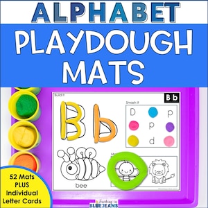 May include: A purple playdough mat with the text "ALPHABET PLAYDOUGH MATS" in blue and white. The mat features the letter "B" in yellow and orange playdough, along with a bee illustration and the word "bee". Includes 52 mats plus individual letter cards.