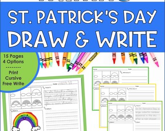 St. Patrick’s Day Directed Drawing and Writing Prompts for Kids – Print & Cursive Handwriting Practice Pages