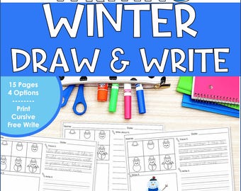Winter Draw and Write for Kids – Directed Drawing Prompts with Cursive and Print Handwriting Practice