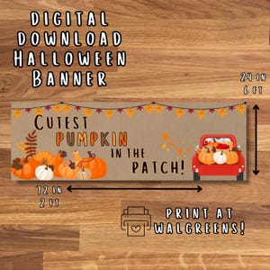 May include: A rectangular Halloween banner with a kraft paper background featuring a string of autumn leaves, a red pickup truck filled with pumpkins, and the text "CUTEST PUMPKIN IN THE PATCH!" with dimensions of 24 inches by 72 inches.