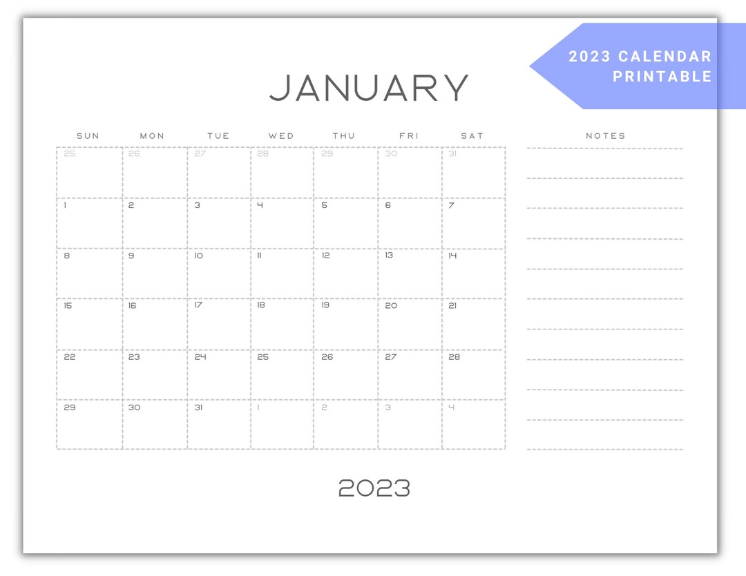 2023 Calendar Printable Blank Monthly Calendar With Notes Etsy