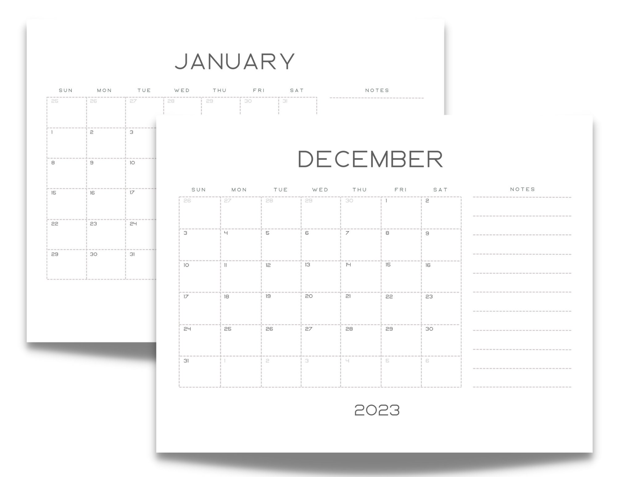 2023-calendar-printable-blank-monthly-calendar-with-notes-etsy