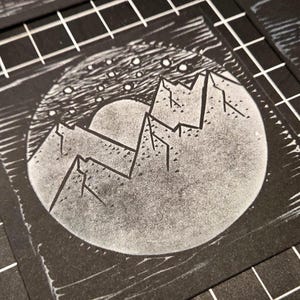 Handmade Linocut Print - Mountain Range - Stamped Small-Size Print Art.