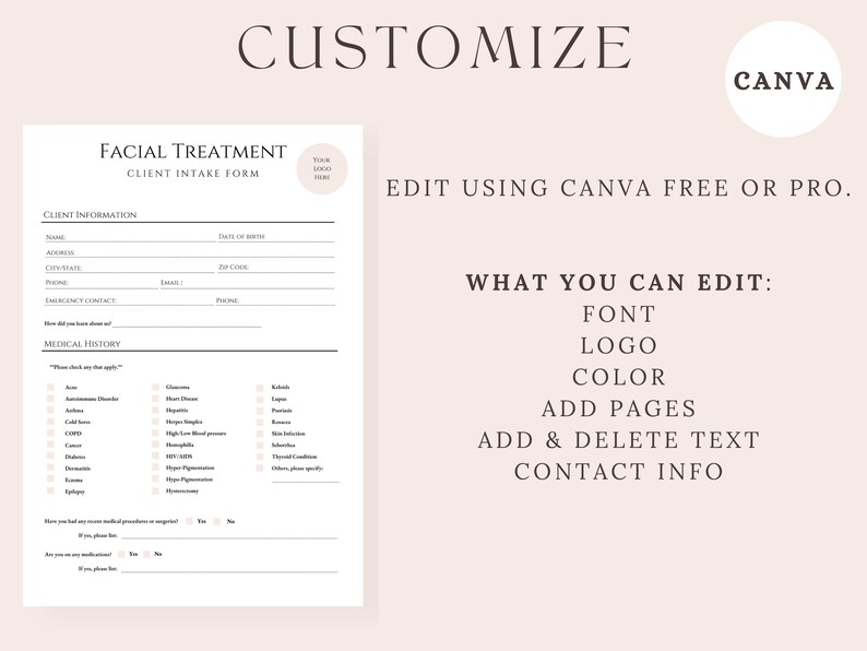 Facial Treatment Client Intake Form: Editable Esthetician Template ...
