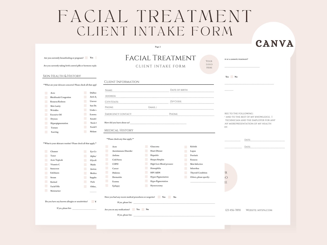 Facial Treatment Client Intake Form: Editable Esthetician Template ...