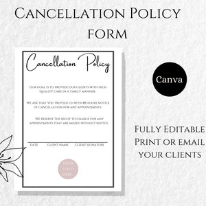 Professional Cancellation Policy Form, Editable Esthetician Template, Printable Template, Cancellation Form, Canva