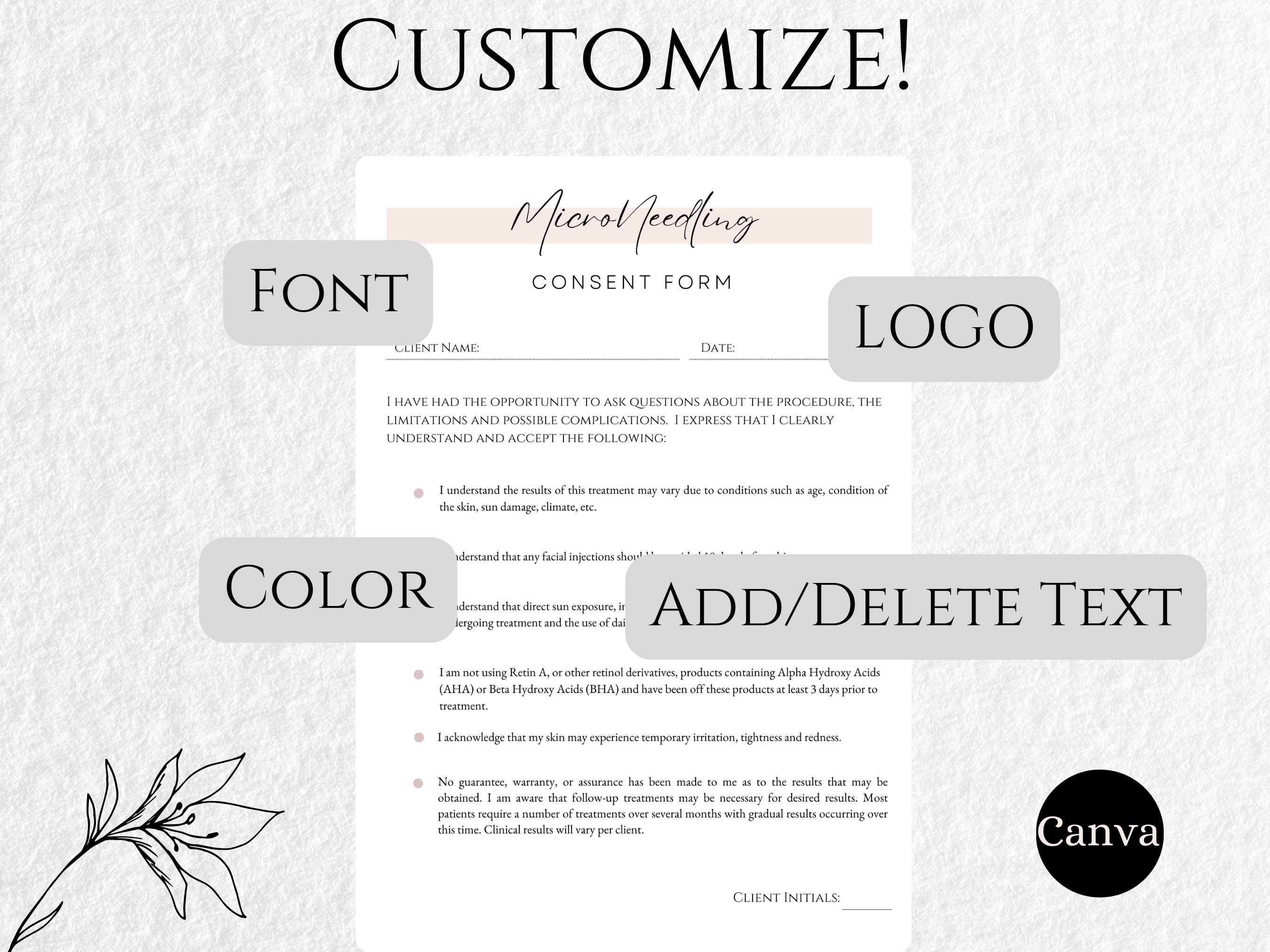 Professional Microneedling Consent Form, Editable Template, Printable ...