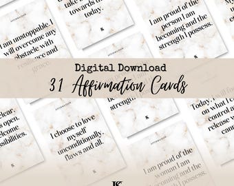 May include: A set of 31 digital download affirmation cards with marble background and gold accents. The cards feature positive affirmations such as "I am unstoppable" and "I choose to love myself unconditionally".