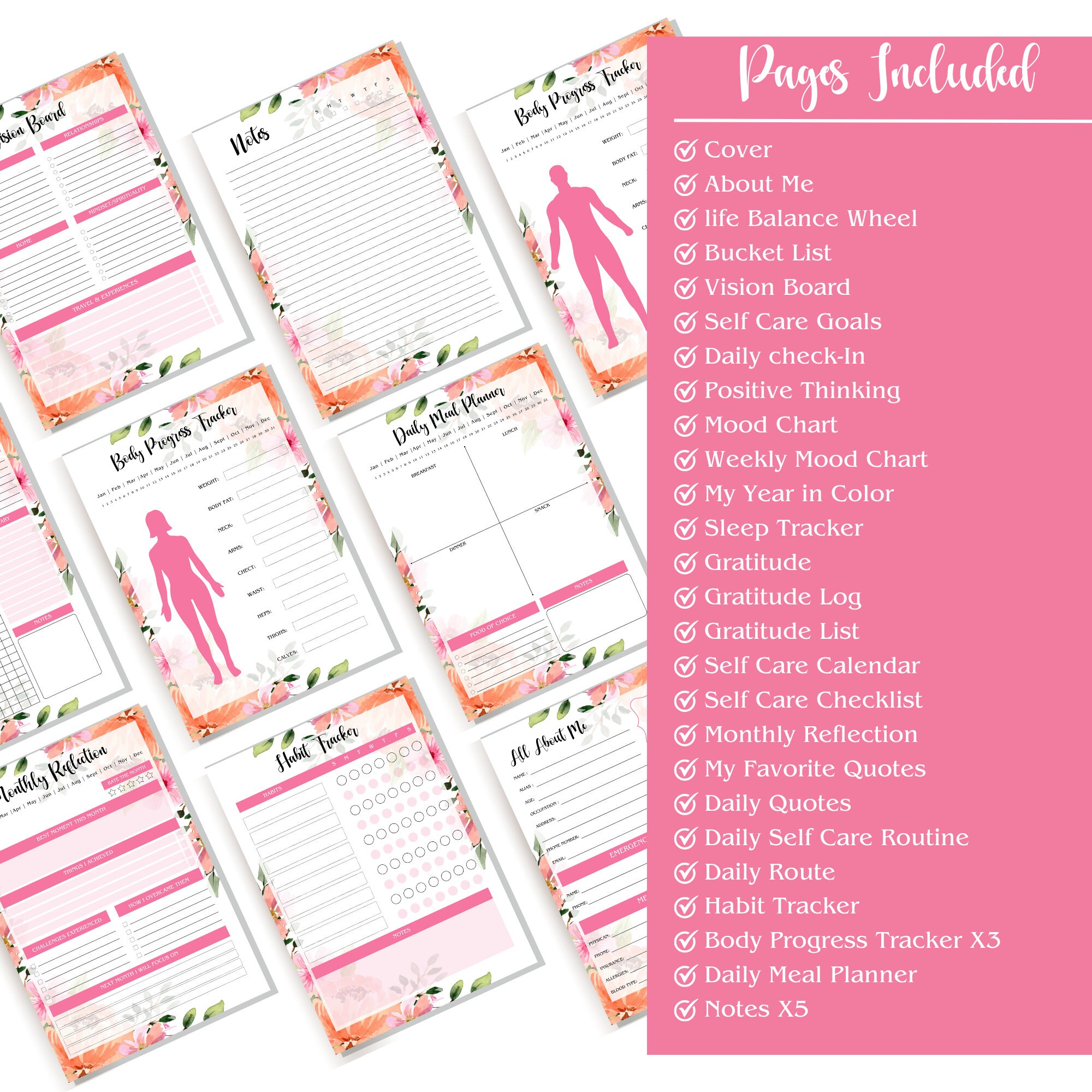 Pink Floral Self Care Planner | Instant Download | Feel Good Planner ...