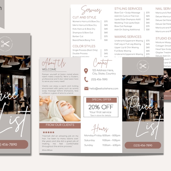 Beauty Salon Trifold Brochure Template, Editable Beauty Salon Price List, Printable Spa Pamphlet Price List, Canva, Beauty Salon Flyer vol 3