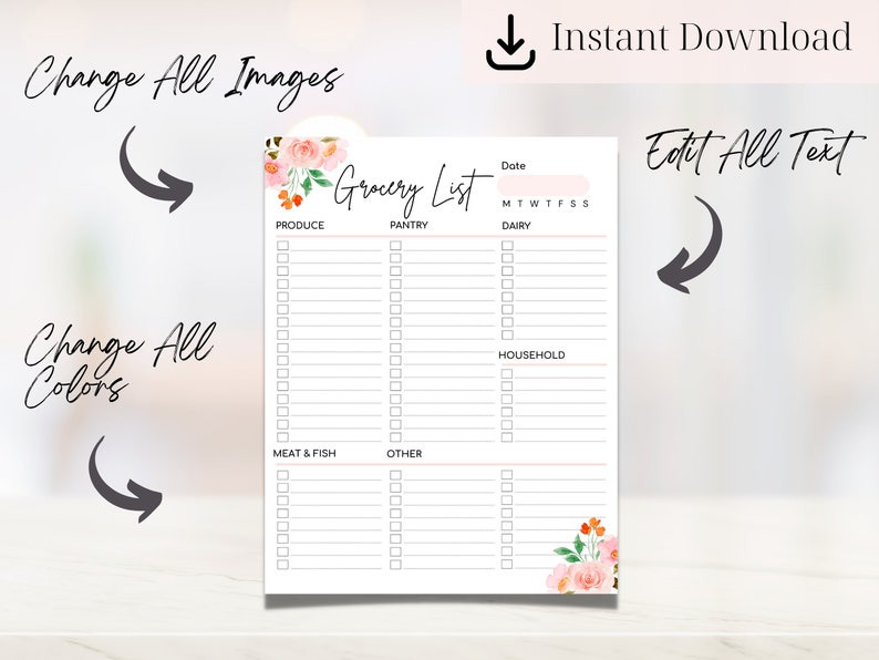 Printable Grocery List, Groceries Planner, Dairy, Grocery Checklist