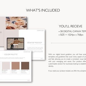 May include: A digital brand guideline presentation with the text "WHAT'S INCLUDED" and "YOU'LL RECIEVE". The presentation includes a mood board, desktop mockup, and color palette. The size is 1024px x 768px. The presentation includes 38 digital Canva templates.