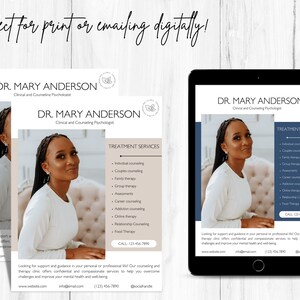 May include: Digital marketing materials for Dr. Mary Anderson, a clinical and counseling psychologist. The image shows flyers and a tablet displaying the doctor's information, including treatment services and contact details. The design features a portrait of Dr. Anderson.