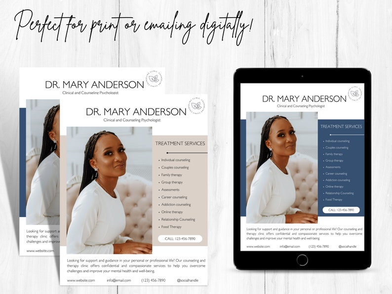 May include: Digital marketing materials for Dr. Mary Anderson, a clinical and counseling psychologist. The image shows flyers and a tablet displaying the doctor's information, including treatment services and contact details. The design features a portrait of Dr. Anderson.
