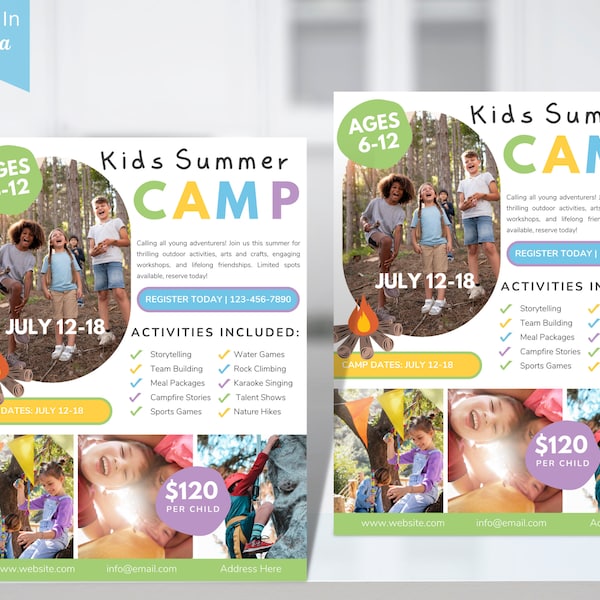 Editable Summer Fun Camp Flyer Template, Kids Summer camp flyer template, Summer Camp Editable Flyer, Kids Day Camp, Summer Camp Poster