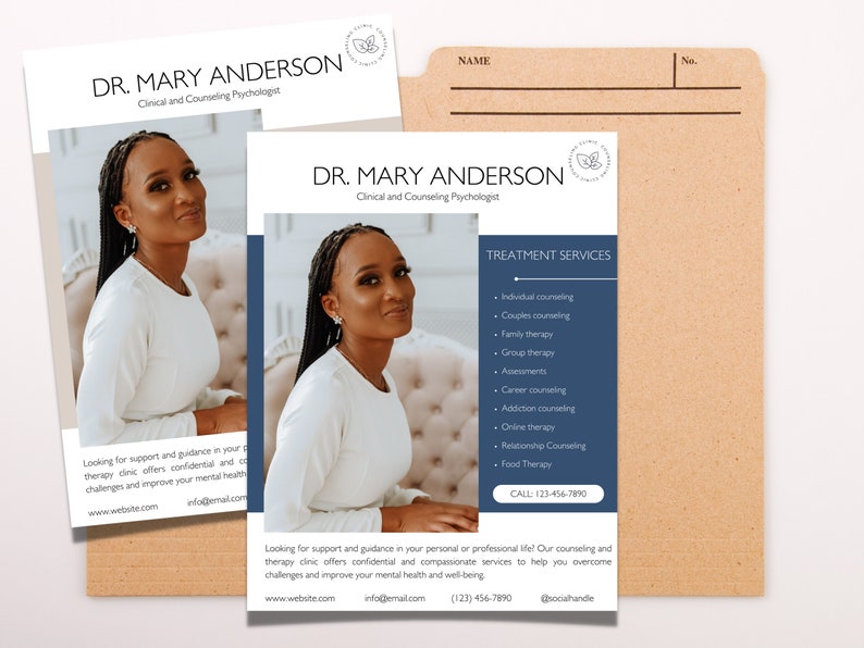 May include: Two printed flyers and a manila folder. The flyers feature a photo of a woman in a white top, with the text "DR. MARY ANDERSON, Clinical and Counseling Psychologist." The flyers list treatment services and contact information.