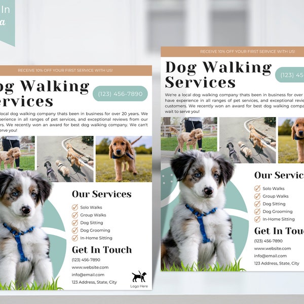 Dog Walking Flyer Poster, Editable Flyer Template, Dog Walking Business, Pet Sitter Flyer, Canva Flyer, Pet Sitting Flyer Poster Leaflet vo5