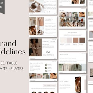 May include: A presentation template titled "Brand Guidelines" with the text "38 Editable Canva Templates." The design features a neutral color palette with images and text layouts. The Canva logo is visible in the upper left corner.