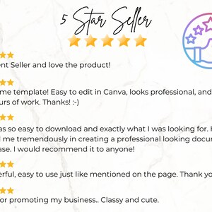 May include: A graphic with the text "5 Star Seller" and customer reviews. The reviews include phrases like "Excellent Seller," "Awesome template," and "Wonderful." A thumbs-up icon with stars is in the upper right corner.