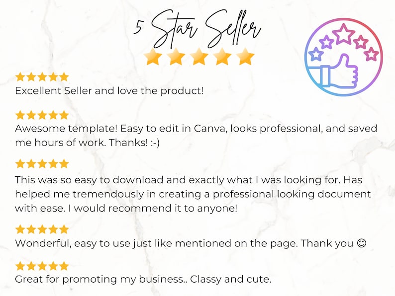 May include: A graphic with the text "5 Star Seller" and customer reviews. The reviews include phrases like "Excellent Seller," "Awesome template," and "Wonderful." A thumbs-up icon with stars is in the upper right corner.