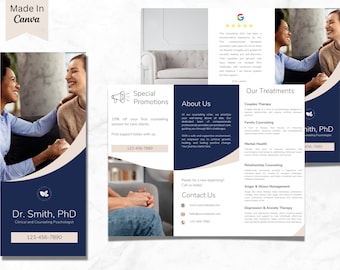 Counseling Psychology Therapy Brochure Templates Design, Mental Health, Wellness, Business Ads Poster Therapist, Canva, Editable Printable