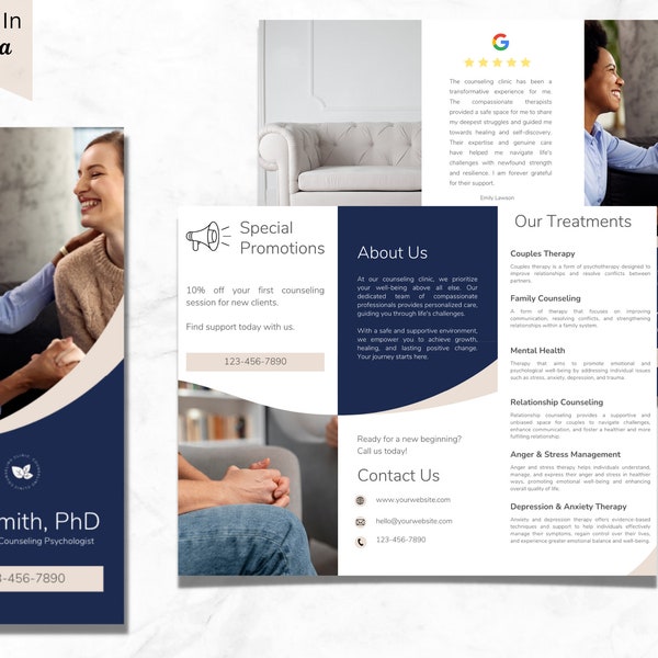 Counseling Psychology Therapy Brochure Templates Design, Mental Health, Wellness, Business Ads Poster Therapist, Canva, Editable Printable