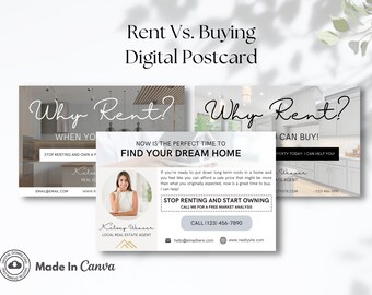Real Estate Renting Postcard Template | Renting Vs Buying | Realtor Door Knocking | Real Estate Farming | Real Estate Marketing | Canva