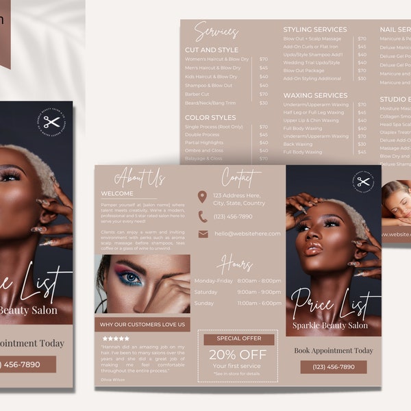 Beauty Salon Trifold Brochure Template, Editable Beauty Salon Price List, Printable Spa Pamphlet Price List, Canva, Beauty Salon Flyer vol 5