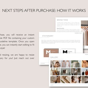 May include: A digital branding guideline template titled "NEXT STEPS AFTER PURCHASE: HOW IT WORKS." The template includes sections on brand tone, stationary, and a gallery of images. The text states the template is a downloadable PDF file.